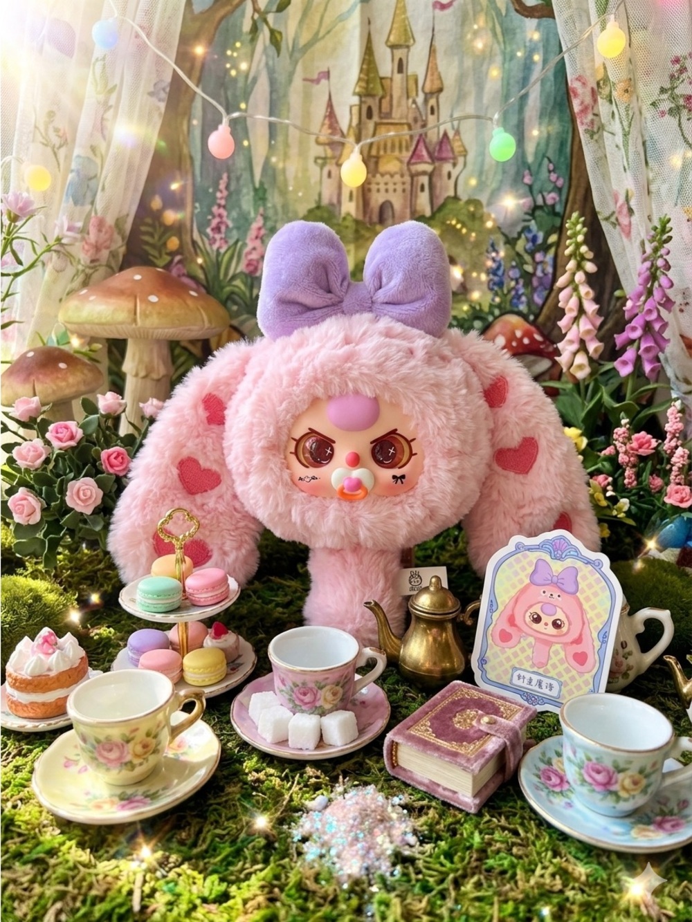 Baby Three Plush Pink Bunny Toy and Mirror with Purple Bow